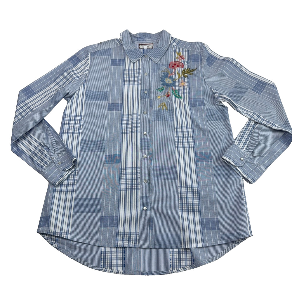 Johnny Was Zanzibar Shirt Womens Medium Embroidered Patchwork Floral Birds